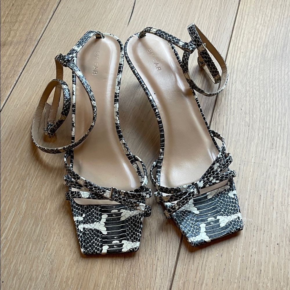 BY FAR Black and White Snakeskin-Strap Heeled Sandals